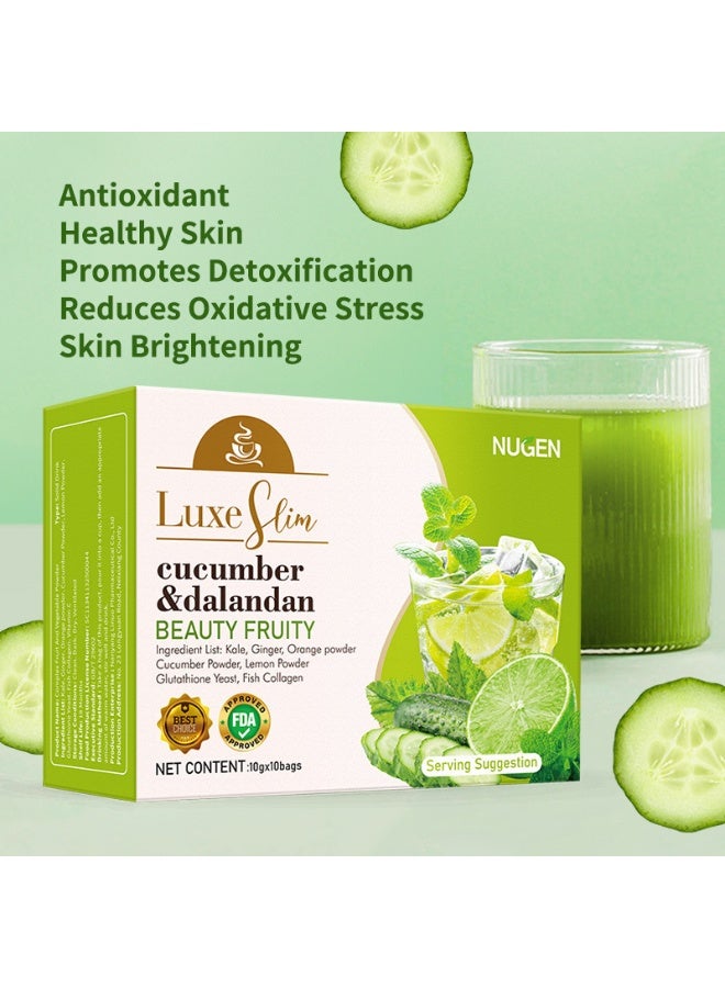 NUGEN Cucumber Dalantan Beauty Fruit Powder, 10 sachets per box. Contains glutathione yeast + fish collagen for antioxidant and brightening effects. Portable and easy to prepare. - Image 3