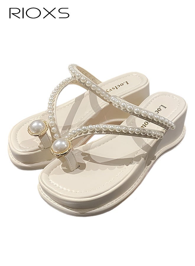RIOXS Women's Wedge Sandals, Dressy Summer Chunky Platform Toe Ring Flip-flops with Pearls, Comfortable Slip-Ons Sandal for Ladies, Fashion Slide Slippers Open-toes Walking Wedges Beach Shoes for Work/ Travel/ Shoppig/ Daily Wear, Beige - Image 4