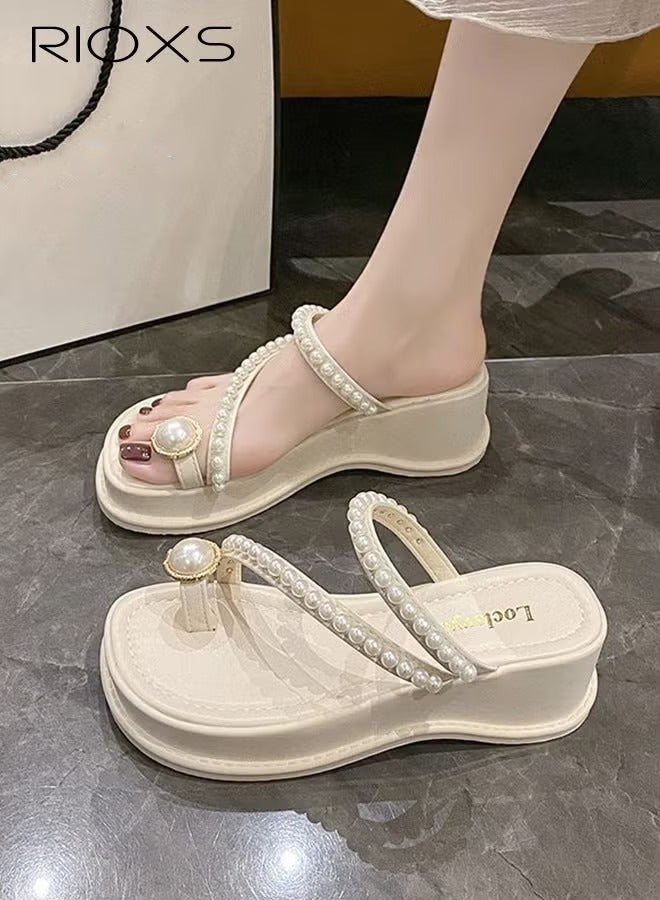 RIOXS Women's Wedge Sandals, Dressy Summer Chunky Platform Toe Ring Flip-flops with Pearls, Comfortable Slip-Ons Sandal for Ladies, Fashion Slide Slippers Open-toes Walking Wedges Beach Shoes for Work/ Travel/ Shoppig/ Daily Wear, Beige - Image 3