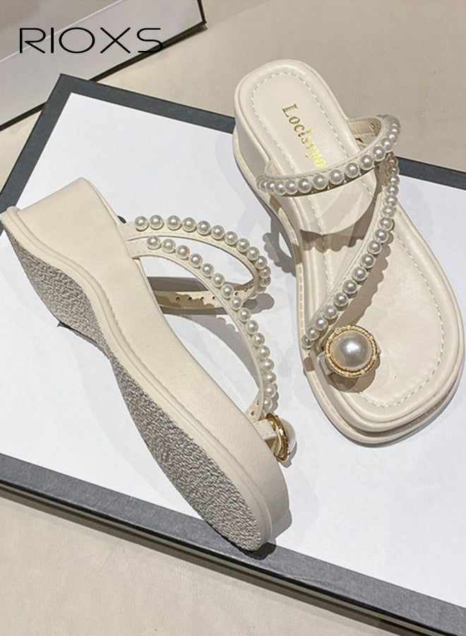RIOXS Women's Wedge Sandals, Dressy Summer Chunky Platform Toe Ring Flip-flops with Pearls, Comfortable Slip-Ons Sandal for Ladies, Fashion Slide Slippers Open-toes Walking Wedges Beach Shoes for Work/ Travel/ Shoppig/ Daily Wear, Beige - Image 5