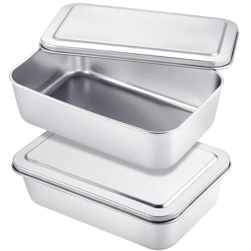 Funnymoom 2 Sets Stainless Steel Cake Pan with Lid 6 x 9 Inch Rectangle Bread Loaf Pans with Cover Rectangle Baking Bakeware for Bread Cake Brownies, Dishwasher Safe (Classic Style) - Image 1