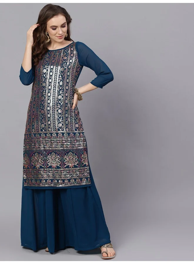 AKS AKS Ethnic Motifs Embroidered Sequinned Georgette Straight Kurta With Palazzos