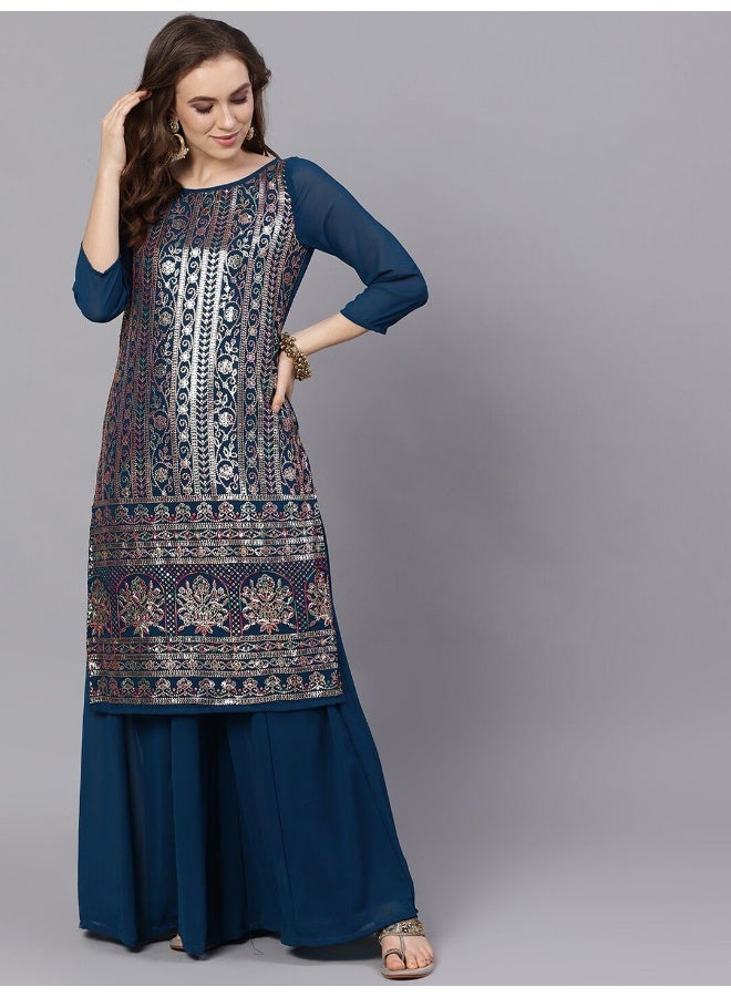 AKS Ethnic Motifs Embroidered Sequinned Georgette Straight Kurta With Palazzos - Image 1