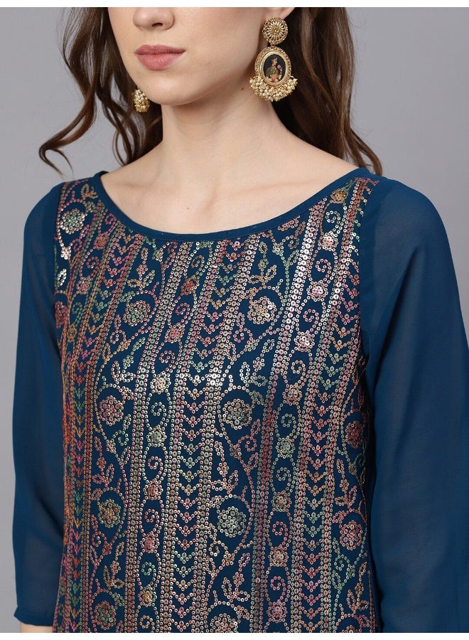 AKS Ethnic Motifs Embroidered Sequinned Georgette Straight Kurta With Palazzos - Image 2