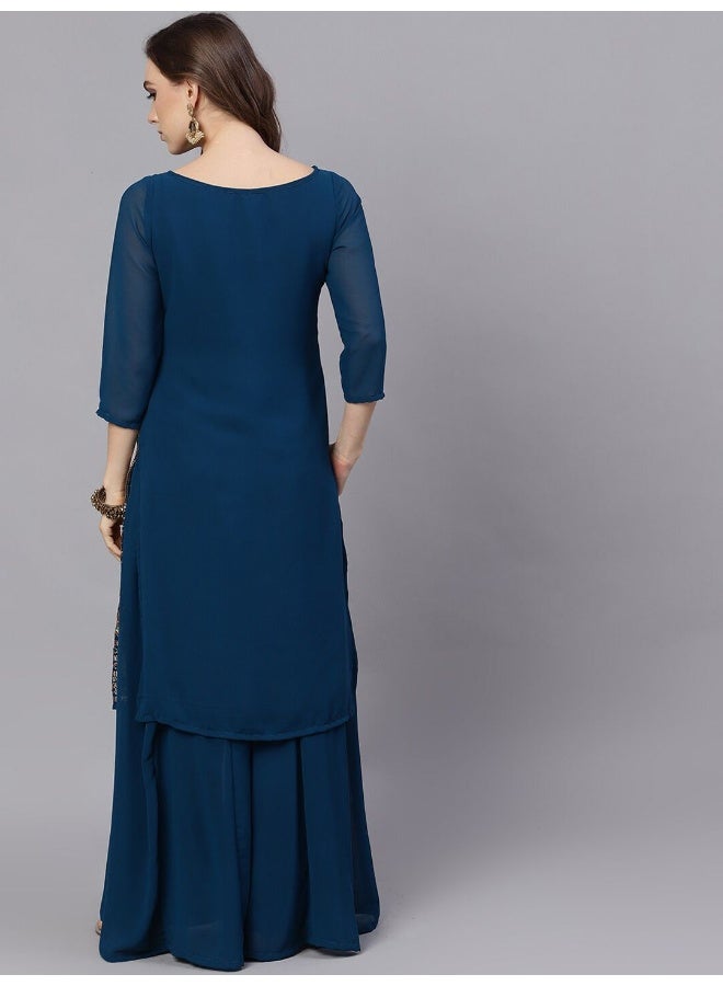 AKS Ethnic Motifs Embroidered Sequinned Georgette Straight Kurta With Palazzos - Image 4