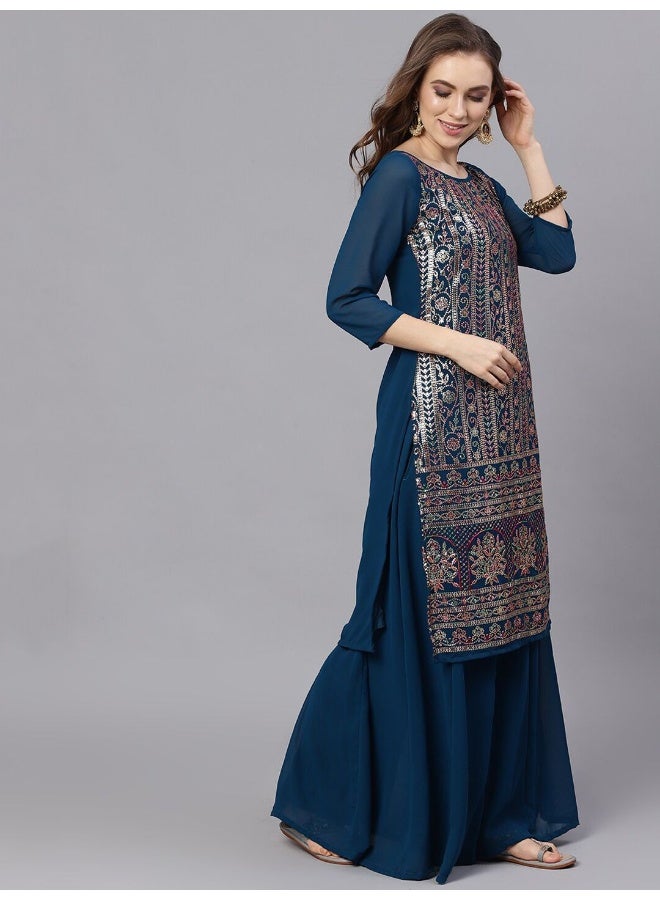 AKS Ethnic Motifs Embroidered Sequinned Georgette Straight Kurta With Palazzos - Image 5