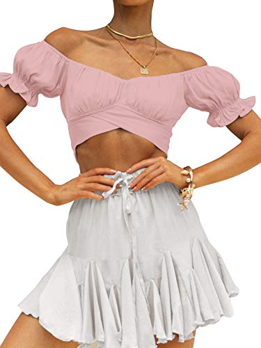 LYANER Women's Ruffle Short Sleeve Tie Up Back Crop Top Off Shoulder Bardot Blouse Baby Pink Small - Image 5
