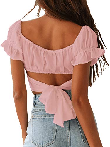 LYANER Women's Ruffle Short Sleeve Tie Up Back Crop Top Off Shoulder Bardot Blouse Baby Pink Small - Image 2