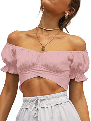 LYANER Women's Ruffle Short Sleeve Tie Up Back Crop Top Off Shoulder Bardot Blouse Baby Pink Small - Image 4