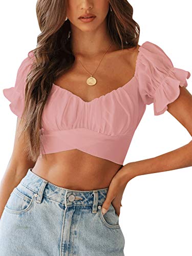 LYANER Women's Ruffle Short Sleeve Tie Up Back Crop Top Off Shoulder Bardot Blouse Baby Pink Small - Image 1