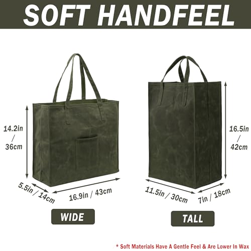 Kaaltisy Waxed Canvas Grocery Bag Eco-friendly Reusable Shopping Bag with Pocket Stylish Market Tote Bag Waterproof Waxed Canvas Beach Bag, Wide, Soft Handfeel - Image 2