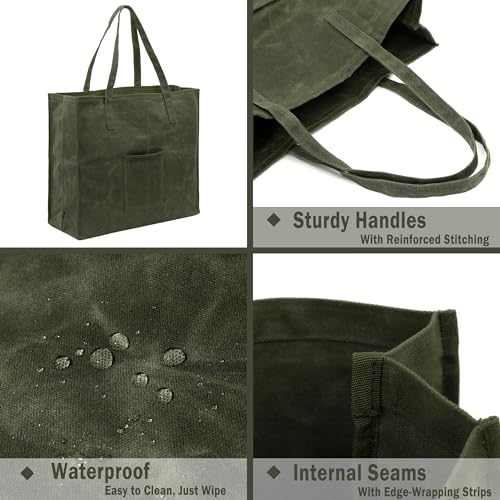 Kaaltisy Waxed Canvas Grocery Bag Eco-friendly Reusable Shopping Bag with Pocket Stylish Market Tote Bag Waterproof Waxed Canvas Beach Bag, Wide, Soft Handfeel - Image 3