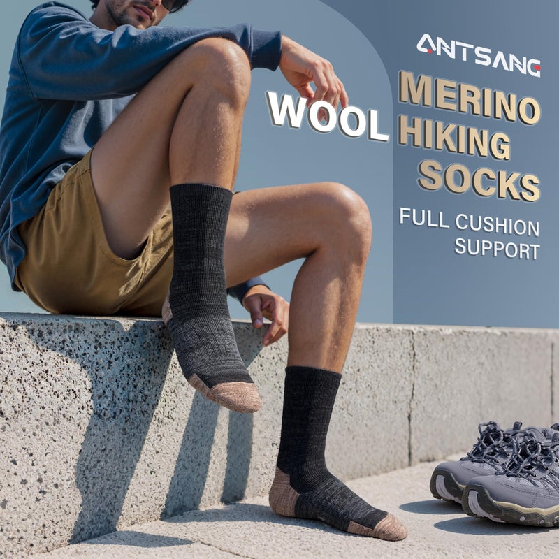 ANTSANG Merino Wool Hiking Socks, Full Cushion Thick Thermal Crew Socks for Men and Women, 4 Pairs(Black Gold, L) - Image 2