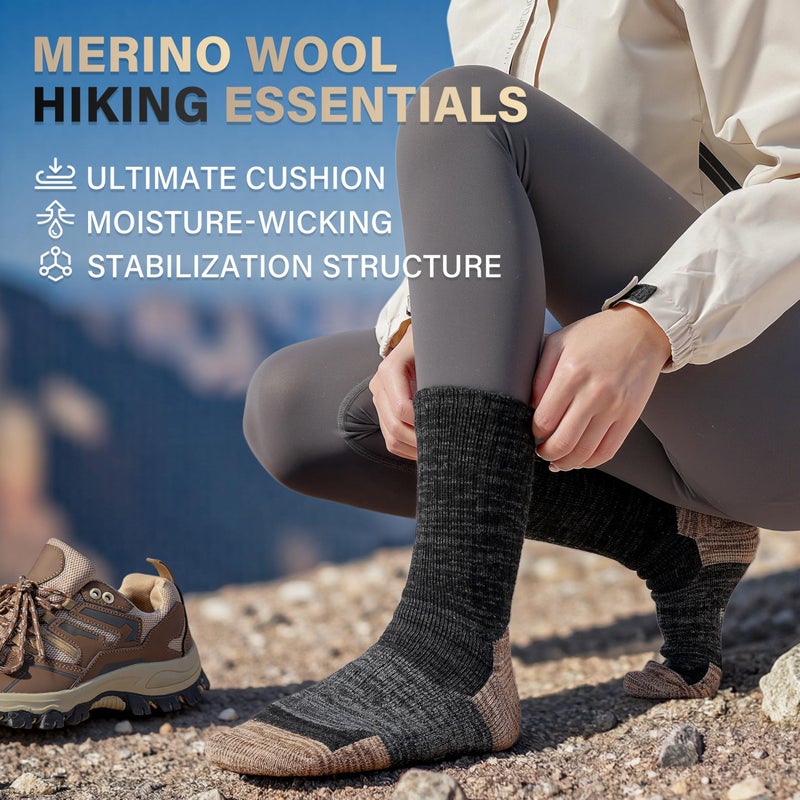 ANTSANG Merino Wool Hiking Socks, Full Cushion Thick Thermal Crew Socks for Men and Women, 4 Pairs(Black Gold, L) - Image 4
