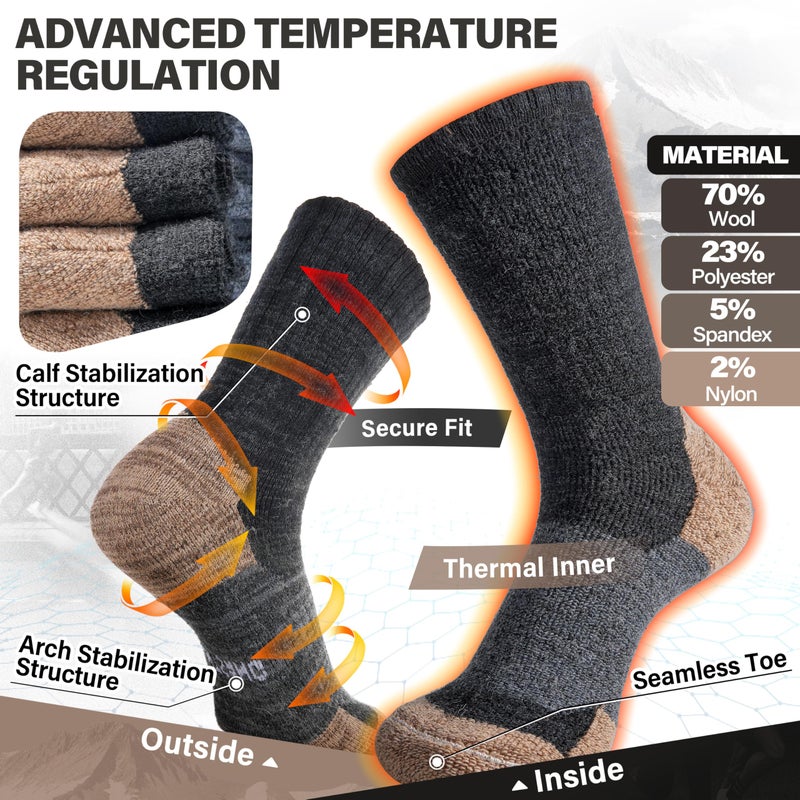ANTSANG Merino Wool Hiking Socks, Full Cushion Thick Thermal Crew Socks for Men and Women, 4 Pairs(Black Gold, L) - Image 3