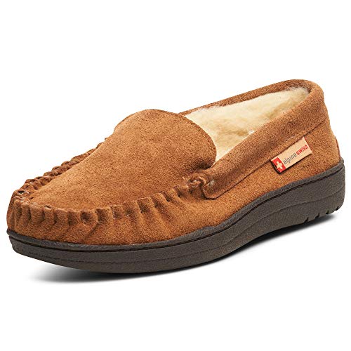 Alpine Swiss Men’s Moccasin Slippers Genuine Suede Slip-On House Shoes Memory Foam Insoles Plush Faux Shearling Lining Comfortable Indoor Outdoor Slipper with Anti-Slip Rubber Sole CHST 8 - Image 1
