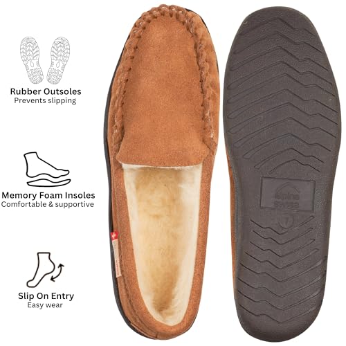 Alpine Swiss Men’s Moccasin Slippers Genuine Suede Slip-On House Shoes Memory Foam Insoles Plush Faux Shearling Lining Comfortable Indoor Outdoor Slipper with Anti-Slip Rubber Sole CHST 8 - Image 2
