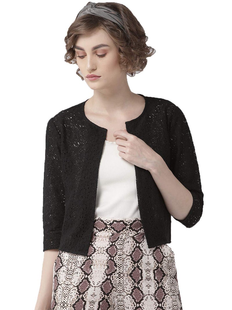Style Quotient Women Black Self Design Floral lace Regular Open Front Shrug - Image 1