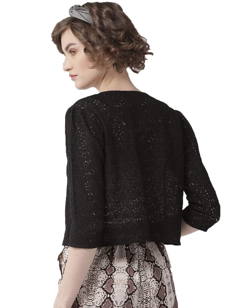 Style Quotient Women Black Self Design Floral lace Regular Open Front Shrug - Image 4