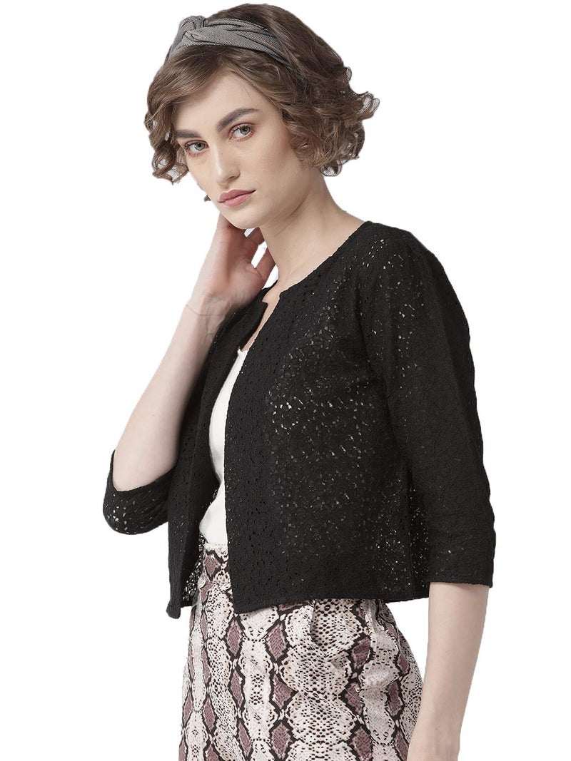 Style Quotient Women Black Self Design Floral lace Regular Open Front Shrug - Image 3