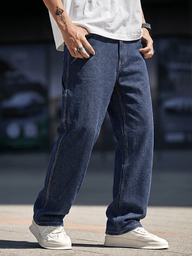 American Vintage Deconstructed Silhouette Vertical Stripe Lumberjack Jeans for Men, Niche Straight-Leg Relaxed Wide-Leg Cargo Pants - Image 3