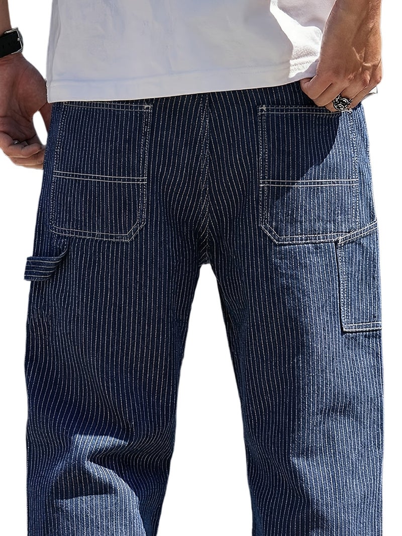 American Vintage Deconstructed Silhouette Vertical Stripe Lumberjack Jeans for Men, Niche Straight-Leg Relaxed Wide-Leg Cargo Pants - Image 1