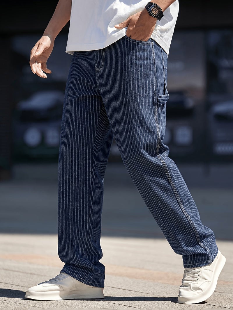 American Vintage Deconstructed Silhouette Vertical Stripe Lumberjack Jeans for Men, Niche Straight-Leg Relaxed Wide-Leg Cargo Pants - Image 2
