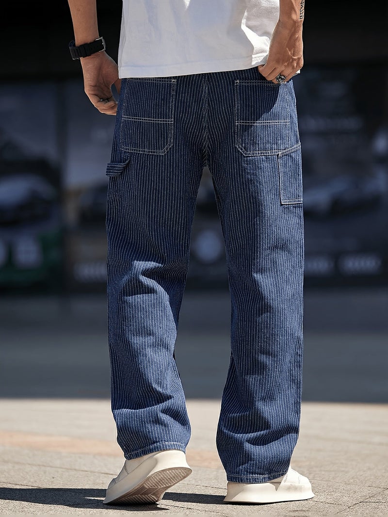 American Vintage Deconstructed Silhouette Vertical Stripe Lumberjack Jeans for Men, Niche Straight-Leg Relaxed Wide-Leg Cargo Pants - Image 5
