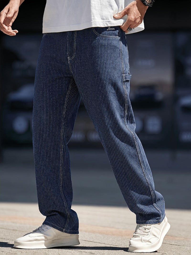American Vintage Deconstructed Silhouette Vertical Stripe Lumberjack Jeans for Men, Niche Straight-Leg Relaxed Wide-Leg Cargo Pants - Image 4