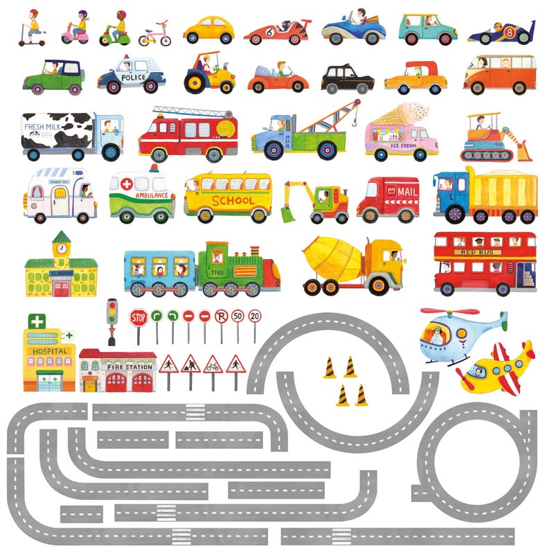 DECOWALL SG31404P1405 The Road and Transports Kids Wall Stickers Wall Decals Peel and Stick Removable Wall Stickers for Kids Nursery Bedroom Living Room dcor