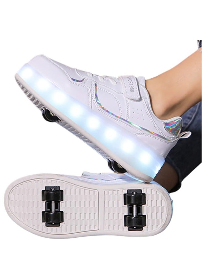 LITTLE ROCKZ Kids Four Wheel Roller Shoes Rechargeable LED Flash Light Sneaker Skate Heelys Shoes White  - Image 2