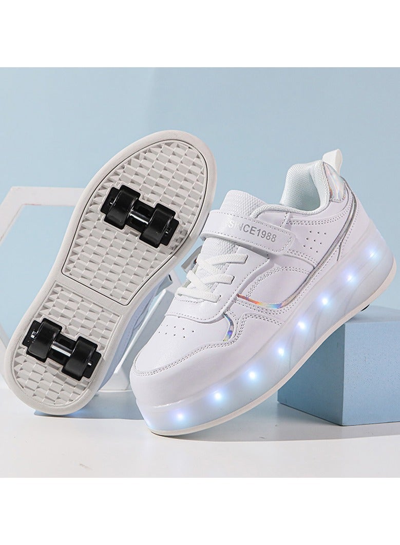 LITTLE ROCKZ Kids Four Wheel Roller Shoes Rechargeable LED Flash Light Sneaker Skate Heelys Shoes White  - Image 3