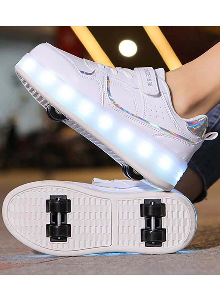 LITTLE ROCKZ Kids Four Wheel Roller Shoes Rechargeable LED Flash Light Sneaker Skate Heelys Shoes White  - Image 4