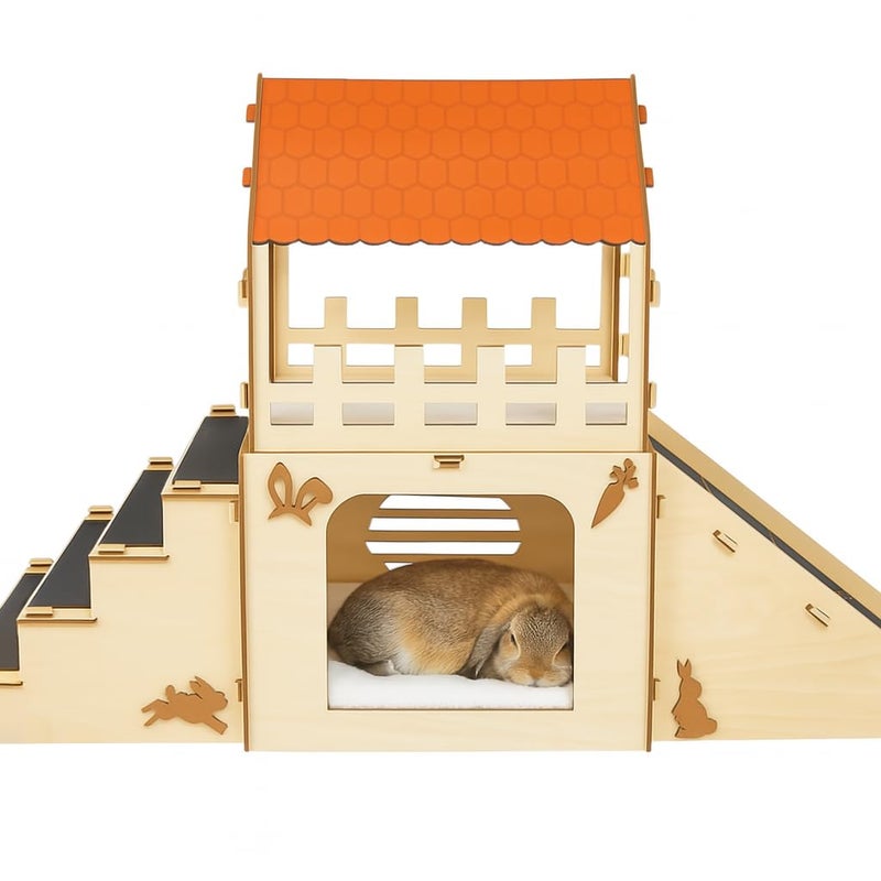 OtterPets Extra Large Bunny Hideout, Cozy Rabbit Castle with Fleece Mats, Wooden Rabbit Hideout, Bunny House Indoor Indoor, Chinchilla, Guinea Pig House (Pet Safe Wood Joints) - Image 1