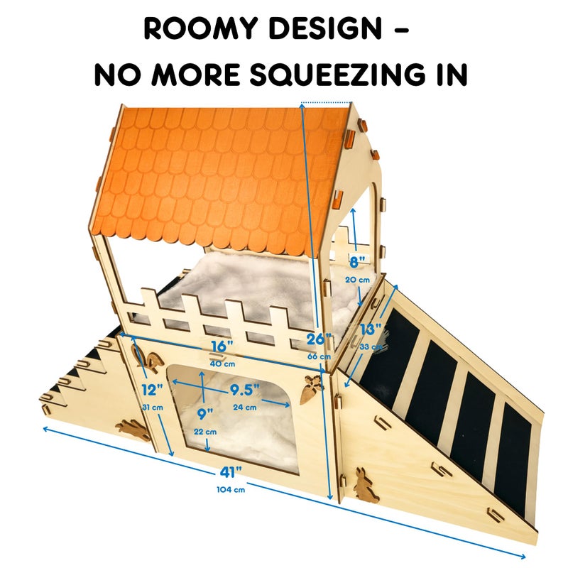 OtterPets Extra Large Bunny Hideout, Cozy Rabbit Castle with Fleece Mats, Wooden Rabbit Hideout, Bunny House Indoor Indoor, Chinchilla, Guinea Pig House (Pet Safe Wood Joints) - Image 4