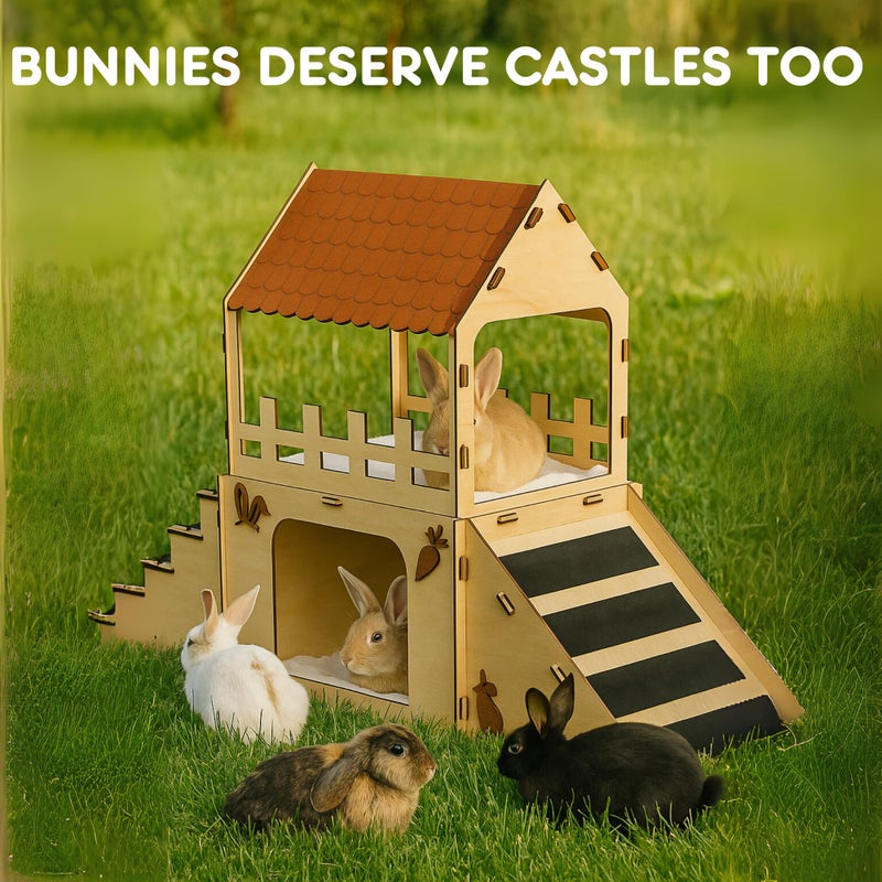 OtterPets Extra Large Bunny Hideout, Cozy Rabbit Castle with Fleece Mats, Wooden Rabbit Hideout, Bunny House Indoor Indoor, Chinchilla, Guinea Pig House (Pet Safe Wood Joints) - Image 2