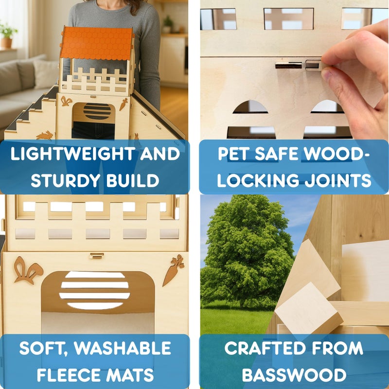 OtterPets Extra Large Bunny Hideout, Cozy Rabbit Castle with Fleece Mats, Wooden Rabbit Hideout, Bunny House Indoor Indoor, Chinchilla, Guinea Pig House (Pet Safe Wood Joints) - Image 3