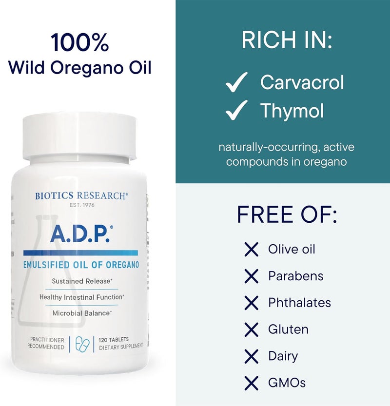 Biotics Research ADP Emulsified Oil of Oregano Tablets for GI Health Sustained Release for High Absorption Contains Carvacrol Wild Oregano Oil 50mgS Patented Formula Non GMO 120 Tablets - Image 3