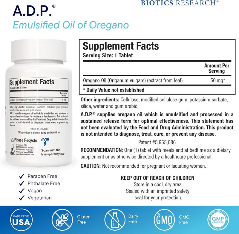 Biotics Research ADP Emulsified Oil of Oregano Tablets for GI Health Sustained Release for High Absorption Contains Carvacrol Wild Oregano Oil 50mgS Patented Formula Non GMO 120 Tablets - Image 2