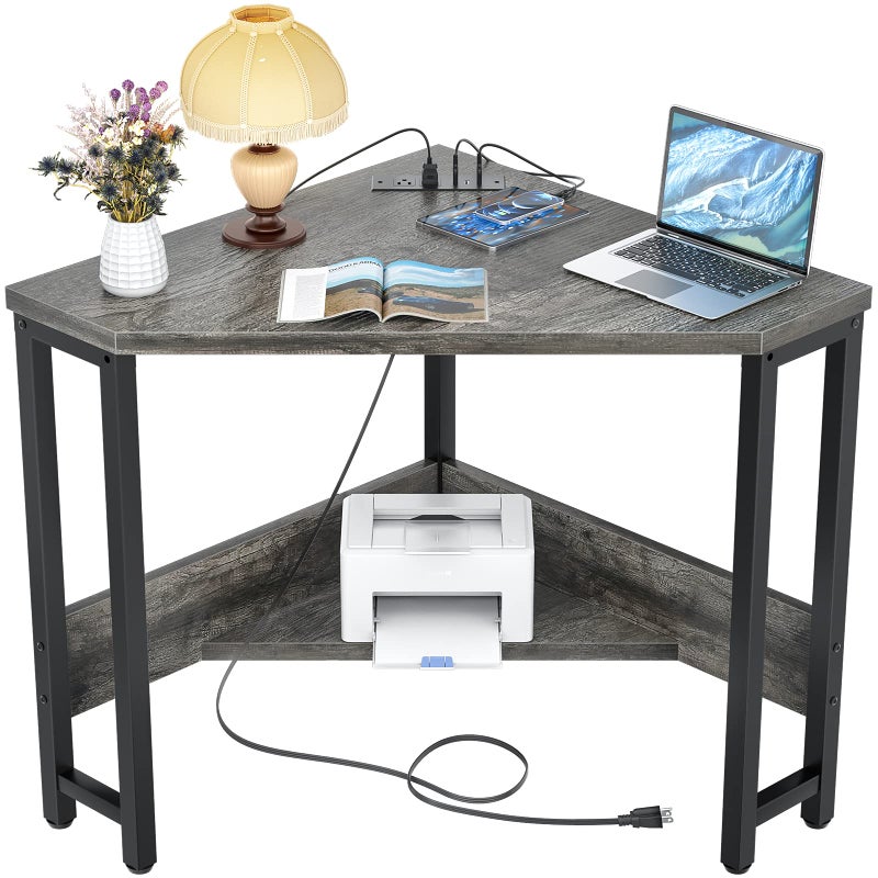 Armocity Corner Desk Small Desk with Outlets Corner Table for Small Space, Computer Desk with USB Ports Triangle Desk with Storage for Home Office, Workstation, Living Room, Bedroom, Oak - Image 1