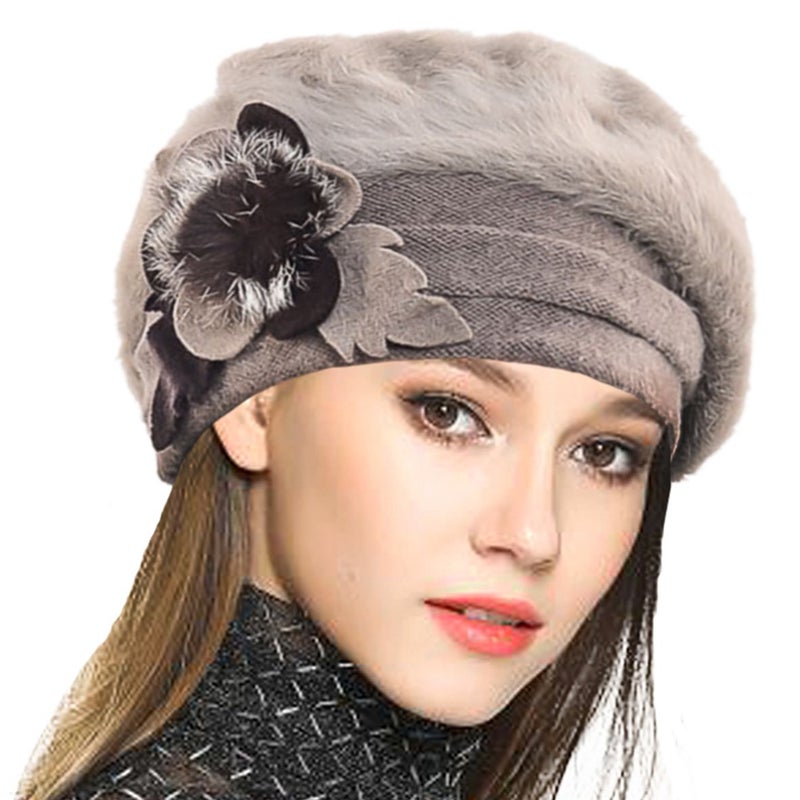 VECRY Lady French Beret 100% Wool Beret Floral Dress Beanie Winter Hat (Angola-Khaki) - Image 1