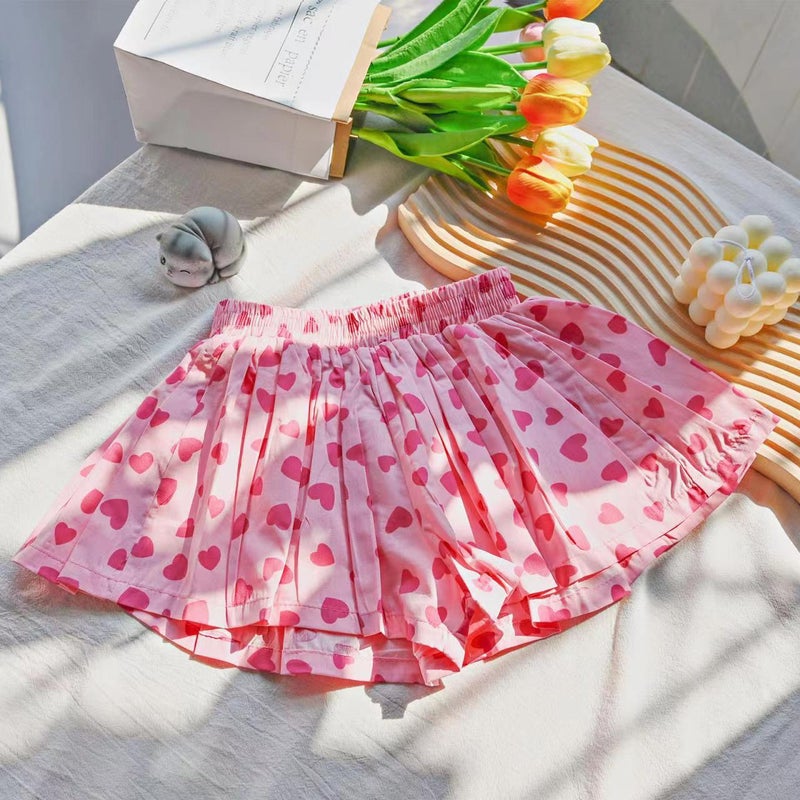Floral Girls Skort 2023 Summer New Korean Fashion Sweet Kids Shorts Pink heart 004 