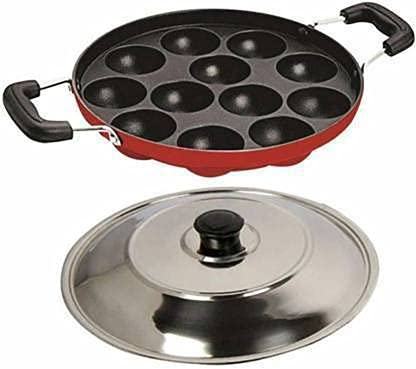 DARAZ Appam PanAppam Maker litti Makerunniyappam chatti Non Stick unniyappam chatti Pancake Pan Paniarakkal with Lid 1 L Capacity 22 cm Diameter Red - Image 1