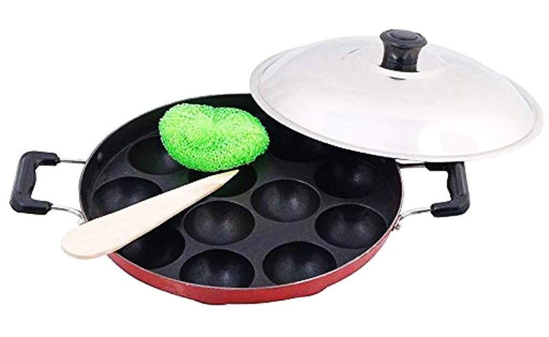 DARAZ Appam PanAppam Maker litti Makerunniyappam chatti Non Stick unniyappam chatti Pancake Pan Paniarakkal with Lid 1 L Capacity 22 cm Diameter Red - Image 2