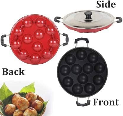 DARAZ Appam PanAppam Maker litti Makerunniyappam chatti Non Stick unniyappam chatti Pancake Pan Paniarakkal with Lid 1 L Capacity 22 cm Diameter Red - Image 4