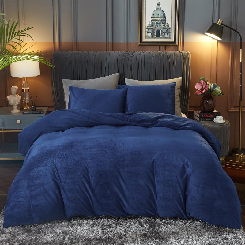 Ivellow Velvet Duvet Cover King Size 3 Pcs Flannel Navy Blue Duvet Cover King Velvet Comforter Cover Bedding Set Ultra Soft Cozy Solid Luxury Velour Duvet Cover Set Zipper Closure Corner Ties