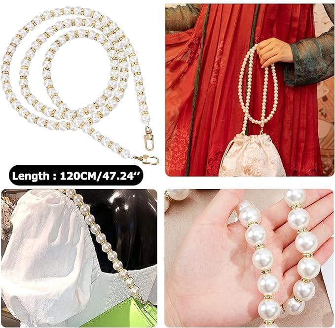 KHOLAD Phone Silver Chain Crossbody Pearl Strap, Pearl Beaded Chain With Diamond Ring, Shoulder Crossbody Lanyard With Phone Tether Patches Compatible With Most Phones Bag Purse - Image 4