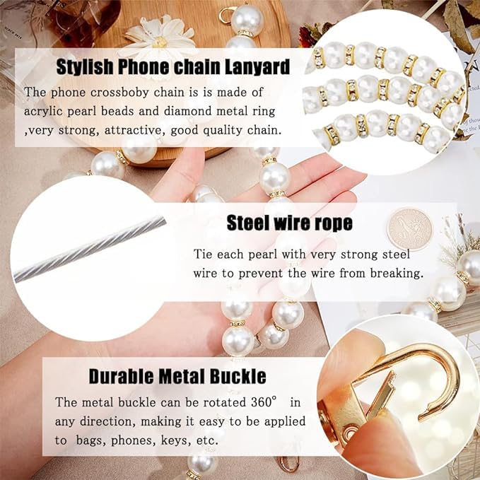KHOLAD Phone Silver Chain Crossbody Pearl Strap, Pearl Beaded Chain With Diamond Ring, Shoulder Crossbody Lanyard With Phone Tether Patches Compatible With Most Phones Bag Purse - Image 2