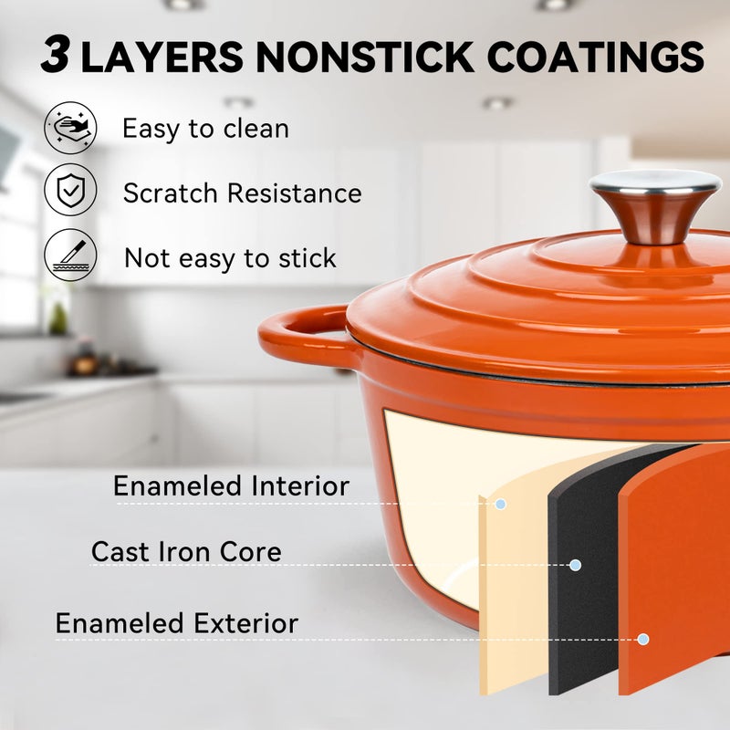 Miereirl 4.5 Qt Enameled Dutch Oven Pot With Lid  Cast Iron Dutch Oven With Dual Handles For Bread Baking  Cooking  Non-Stick Enamel Coated Cookware (Orange) - Image 3