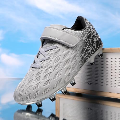 Skerxut Soccer Cleats Kids Firm Ground Football Shoes Boys Girls Athletic Outdoor Grey Little Kid 12 Numeric US Footwear Size System Medium - Image 3